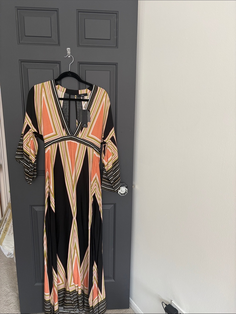 Lulu's Black Maxi Dress with Coral and Cream Geometric Print